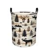 1pc, Dokriy, Rustic Cabin Moose And Pine Tree Print Round Laundry Hamper with Black Handles, Large Capacity Clothes Storage Basket