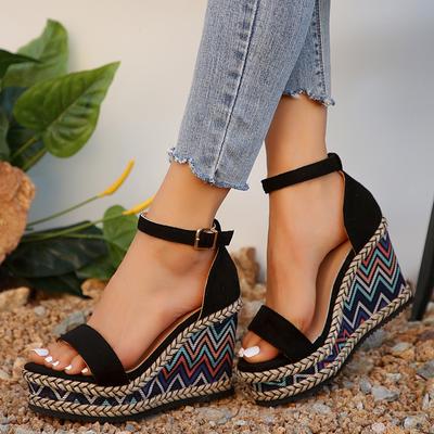 Fashion Ankle Strap Wedge Sandals for Women Super High Heels Platform Sandals Woman Summer 2024 Plus Size Striped Thick Sole Party Shoes