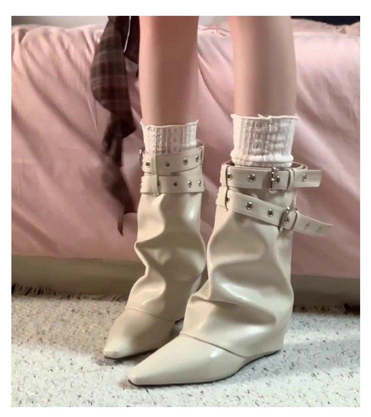 

Cowhide Edition~ French Gentle Temperament Belt Buckle Pant Pants Boots Female Spice Girl Temperament Pointed Slope Heel Straight Knight Boots 39