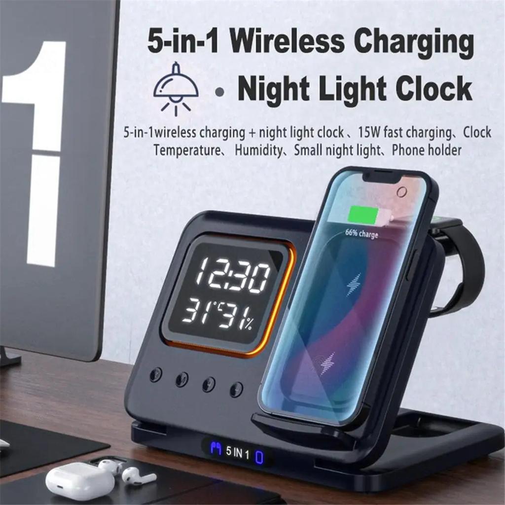 5 In1 Wireless Chargers Stand LED Digital Alarm Clock Thermometer Fast Charging Dock Station for iPhone 15 14 IWatch