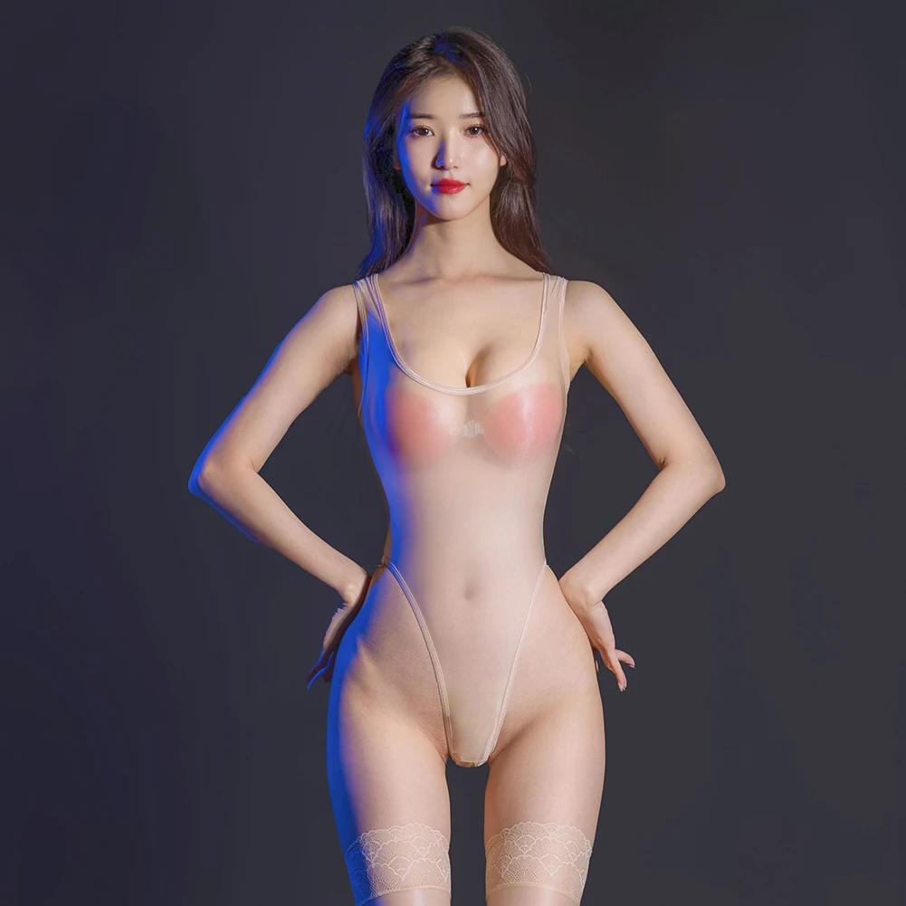 Ultra tenké průsvitné lesklé body Vysoce střižená tanga Trikotové body Ženy Sexy spodní prádlo Hedvábně hladké porno kombinézy bez Crothless