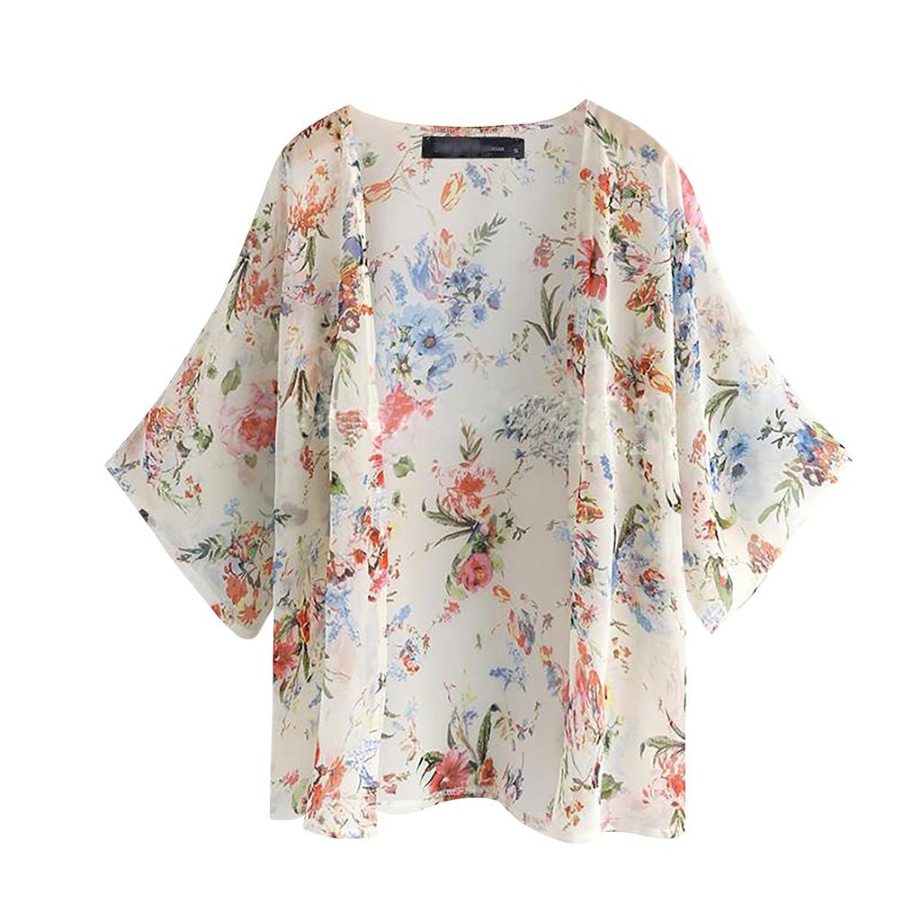 Women Chiffon Floral Print Kimono Loose Half Sleeve Shawl Cardigan Cover Up Tops