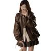 Damska Retro Brązowa Skórzana Kurtka Motocyklowa - Krótka, Luźny Krój, Styl Koreański na Wiosnę i Jesień, Mały Rozmiar