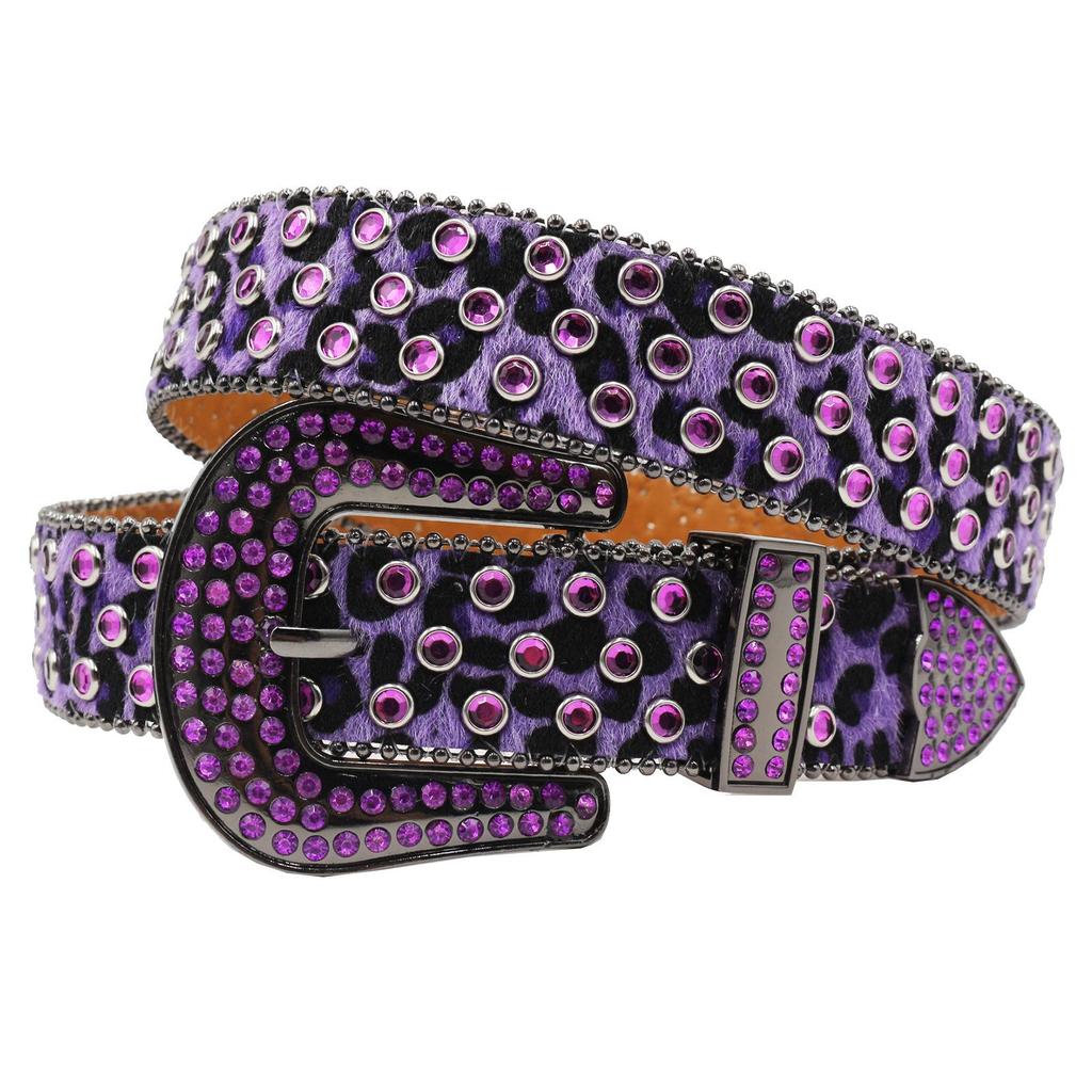 Leopard Print Rhinestone Leather Belt - Y2K Style for Women