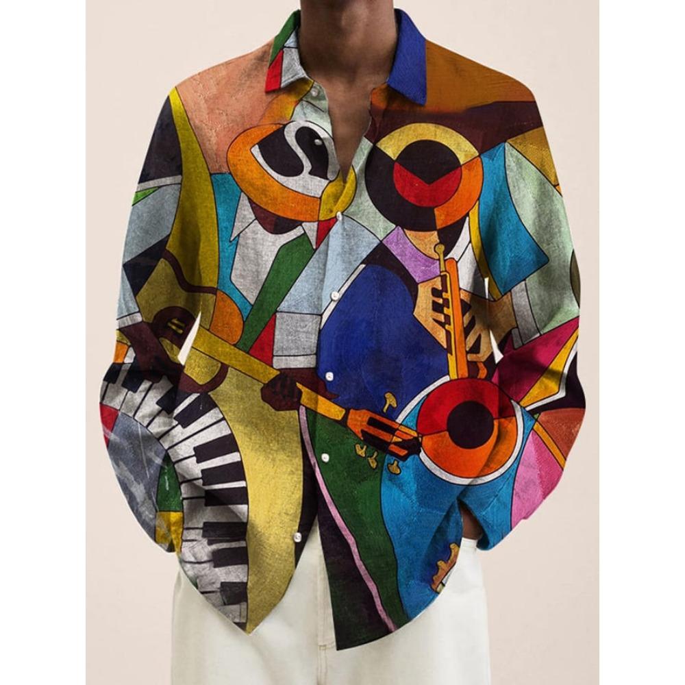 2024 New Men's 3D Art Painting Fashion Print Single Breasted Long Sleeve Shirt Casual Shirt Men's Loose Lapel Long Sleeve