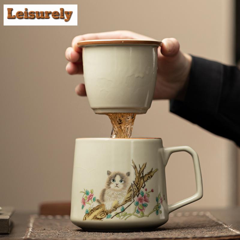 400ml Antique Ru Kiln Porcelain Filter Tea Separator Cup Cute Tree Cat Office Work Mug Personal Water Mug With Lid Handgrip Cups