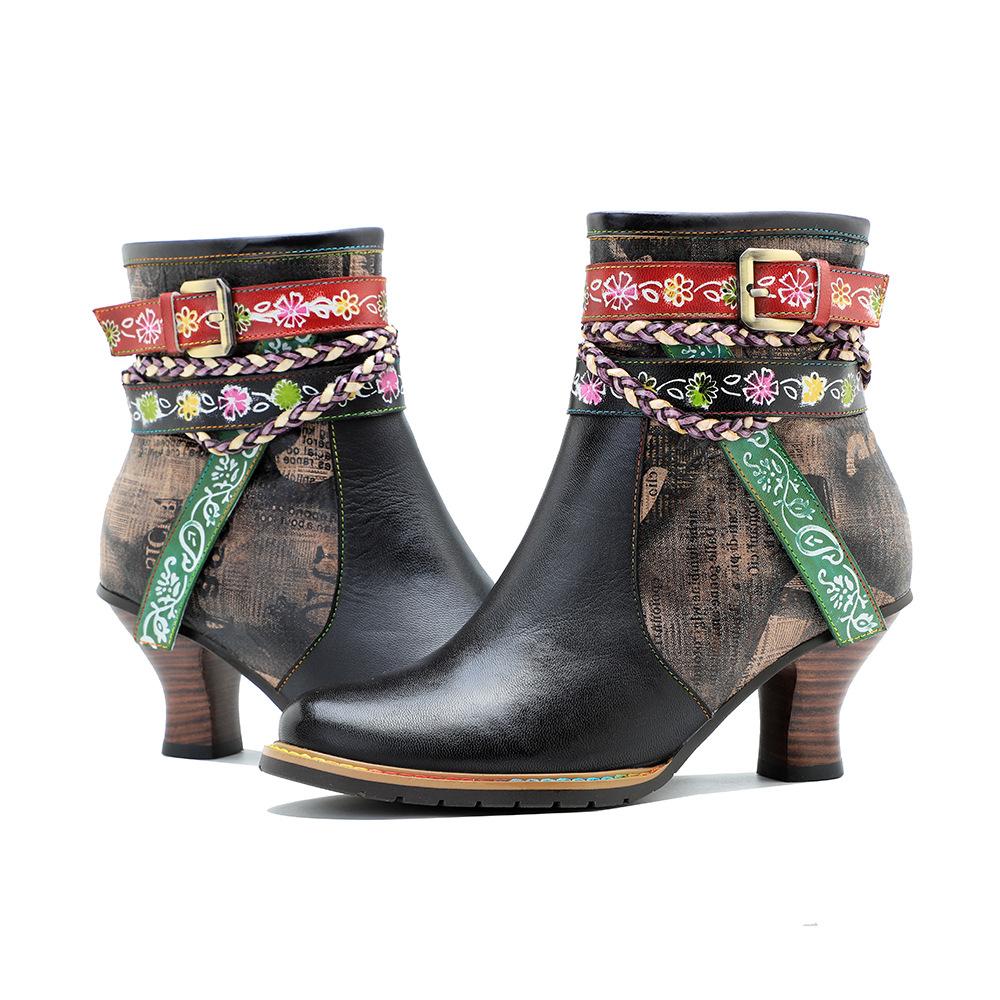 Johnature Echtes Leder frauen Kurze Stiefel Retro Woven Gürtel Schnalle Mode Dame High-heeled Schuhe