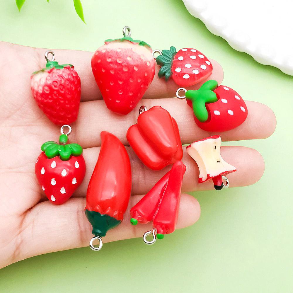 Set of 20 Red Resin 3D Fruit Charms: Strawberries and Apples for DIY Jewelry.