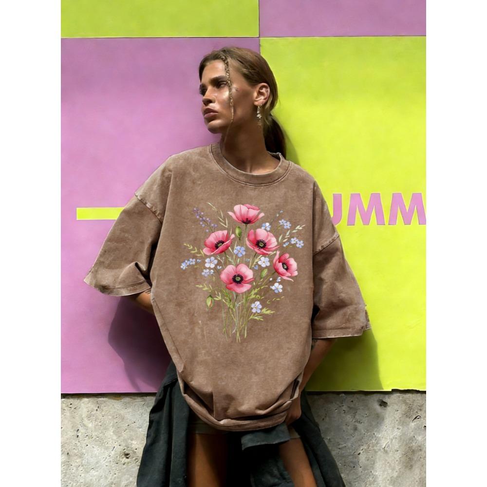Mooie Waterverf Bloemen Gedrukt Gewassen T-shirt Dames Zomerlos T-shirt Straat Korte Mouwen Katoenen Kleding