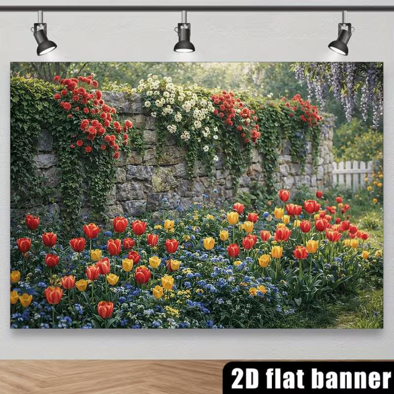 2D Lente Bloementuin Achtergrond, Rustieke Stenen Muur Tulp Foto Banner Decor