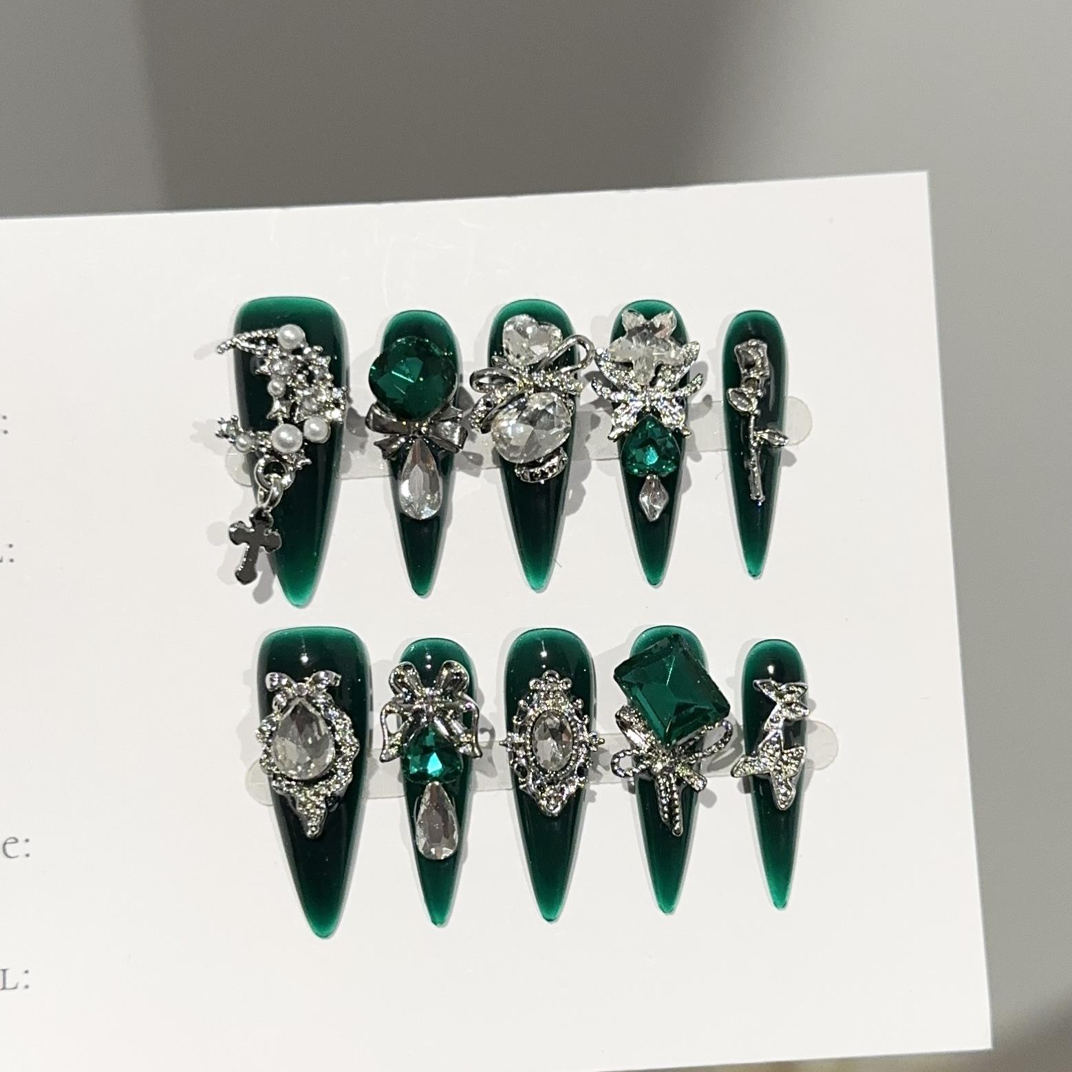 

Зеленые накладные ногти миндалевидной формы, французский маникюр с дизайном, глянцевые, полное покрытие, акриловые ногти на клеевой основе, искусственные накладные ногти для женщин L