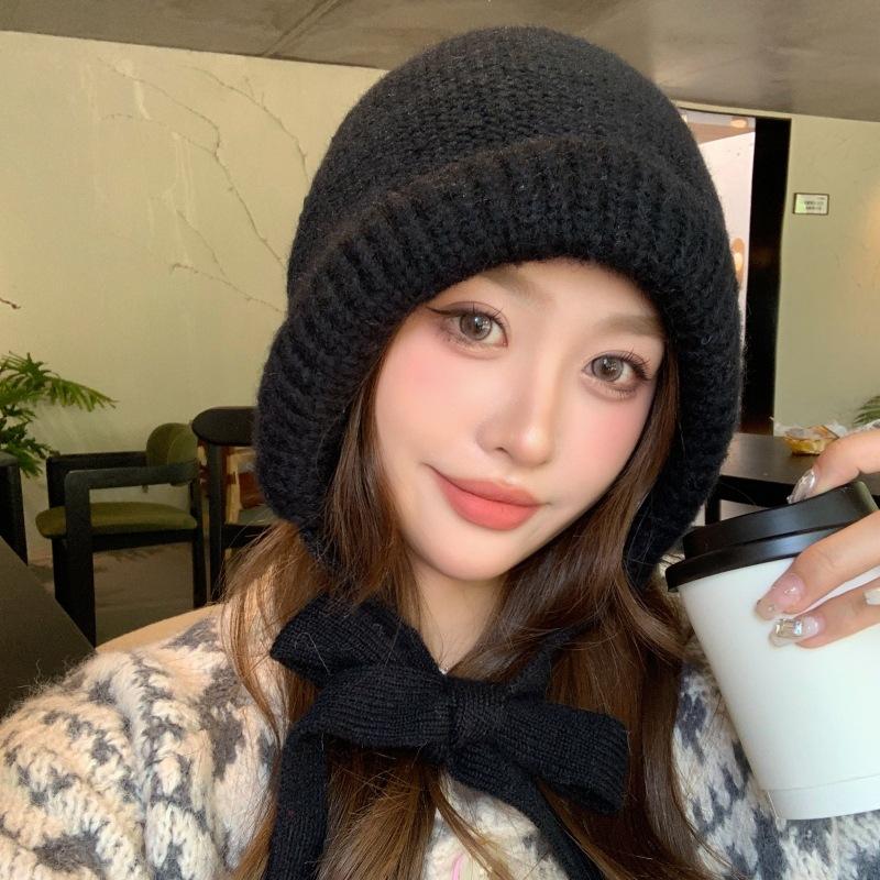 Face Small Lace-up Wool Pullover Hat Outdoor Wind and Snow Protection Ear Protection Knitted Hat Velvet Northeast Cold Protection Hat
