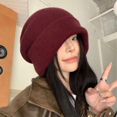 Large Head  Loose Pile Hat Female Head Face Cover Knitted Hat Solid Color Woolen Hat  Couple  Cold Hat Laid Back Style  Relaxed Feeling