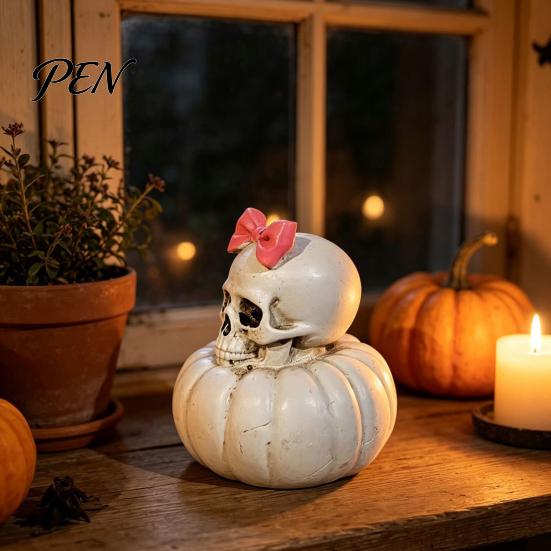 Gothic Wedding Couple Figurines Skull Pumpkin Statue, Halloween Bride Groom Figurine, Pink Retro Style Statues Bow on Ornament for Desktop Mantel