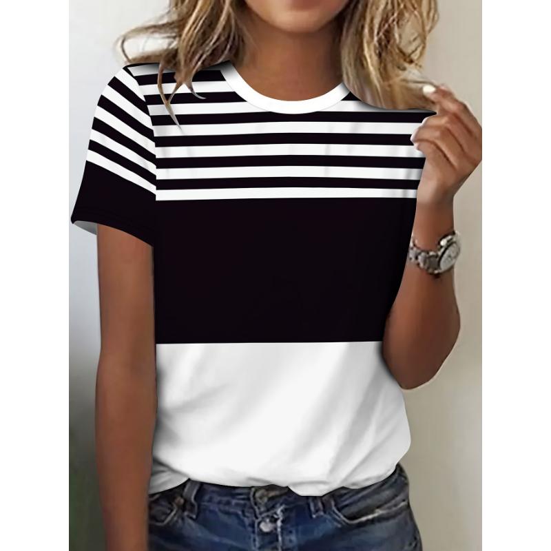 Summer New Round Neck Loose Short Sleeve Retro Casual T-shirt Women's 3D Casual Color Printing