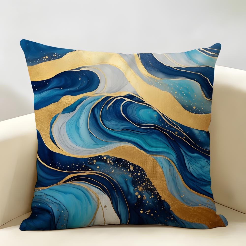 Blue Gold Wave-Shaped Pattern Cushion Cover Natural Linen Organic Fabric Double-Sided Printing Breathable Perfect For Home Decor