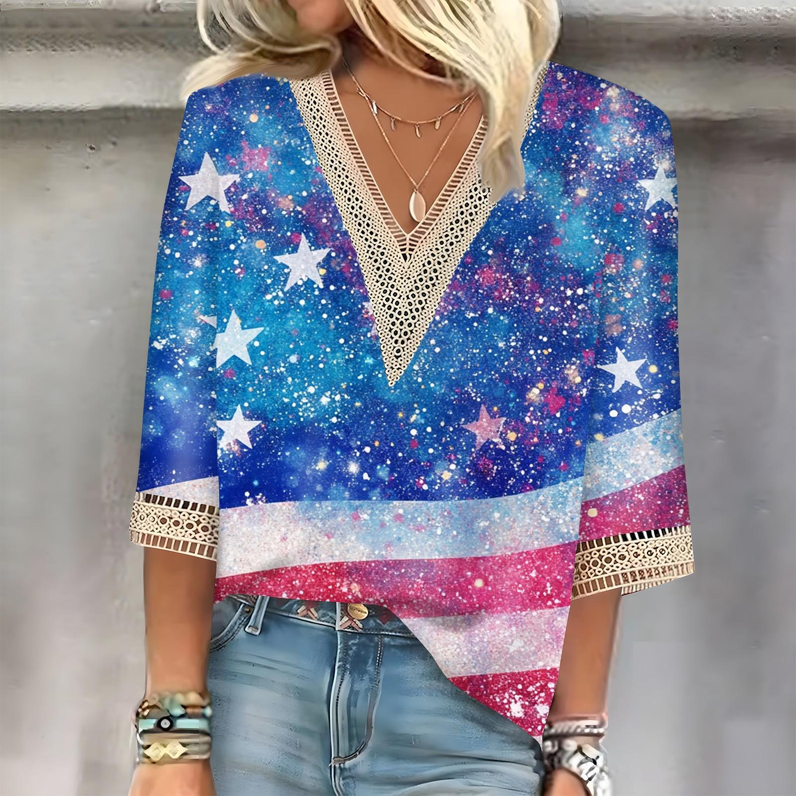 Women s Fashion Casual Lace Seven Sleeve V-Neck Independence Day Printed Top XXL синий
