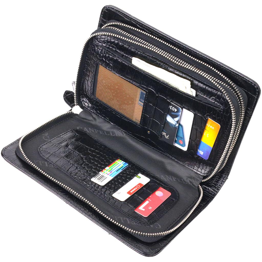 Stylish Men's Purse with Two Compartments Made of Genuine Textured Leather with Crocodile Embossing CANPELLINI 21570 Black