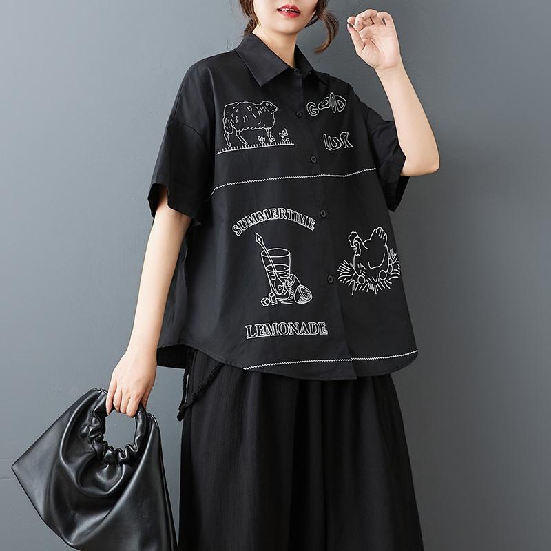 DIMANAF 2026 Plus Size New Spring Summer Blouse Short Sleeve Casual Shirt Women Loose Tops Shirts Cotton Black Print