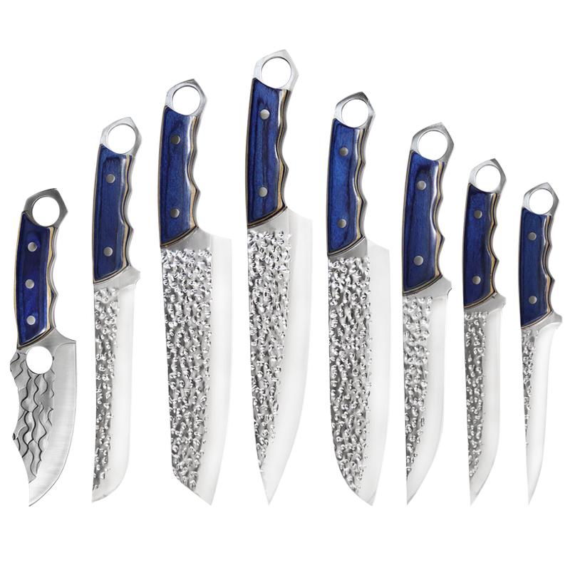 

8 шт., набор кухонных ножей, кованый нож для мяса, нож для нарезки из нержавеющей стали, нож для снятия шкур, нож с цветной деревянной ручкой 8pcs