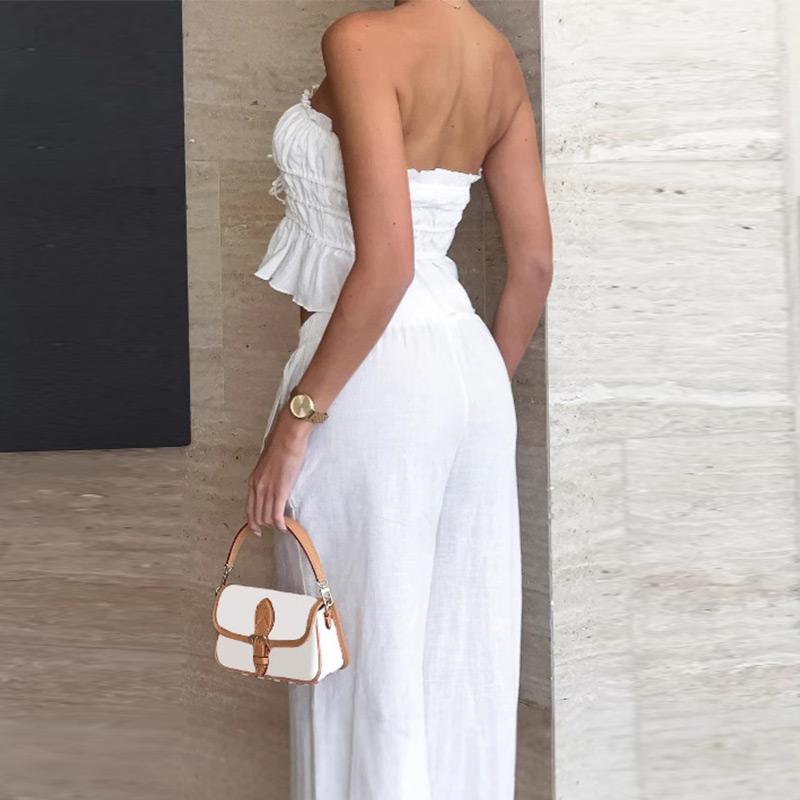 Elegant Solid Color Cotton Linen Two Pieces Set High Street Women Sexy Crop Top+Wide Leg Pants Suit Female 2 Piece Trousers Sets