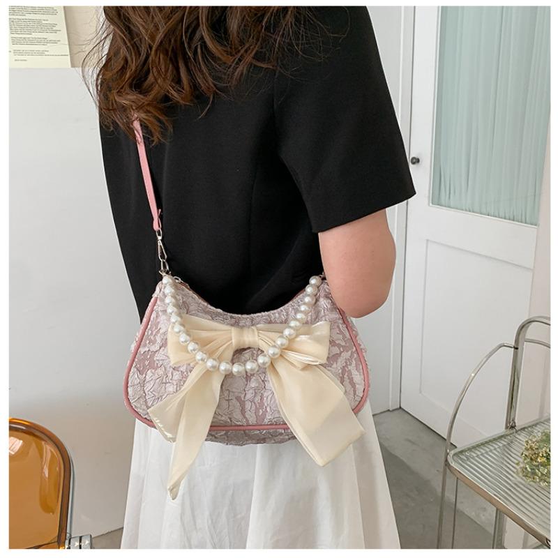 Women's Faux Leather Bowknot Shoulder Bag, Retro Pearl Decorated Crossbody Purse, Small Square Satchel for Daily Wear