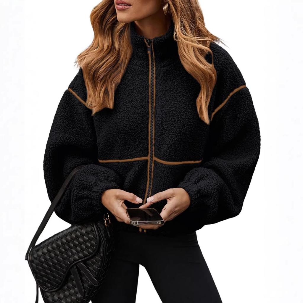 Cappotto Caldo e Morbido da Donna Autunno Inverno Color Block in Lana d'Agnello con Zip, Capospalla Transfrontaliero Stile Europeo Americano