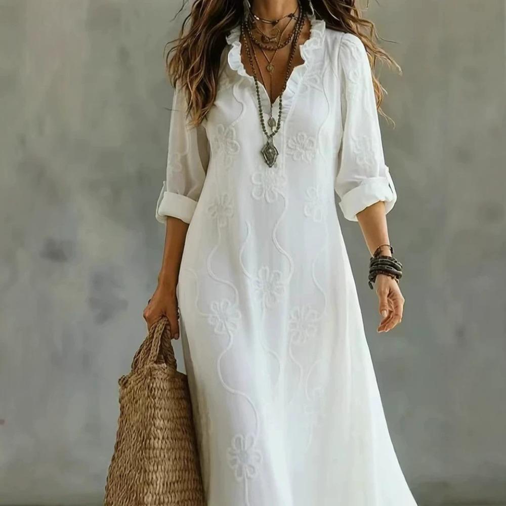 Women's V Neck Long Sleeve Embroidered Loose Maxi Dress Casual Boho Cotton Linen Long Dress
