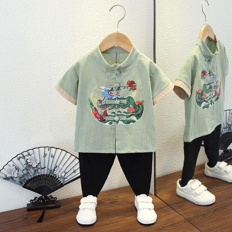 Completo Estivo da Ragazzo a Maniche Corte Stile Cinese per Bambini Hanbok Bello Completo Tang Cotone Lino Sezione Sottile di Abbigliamento Antico