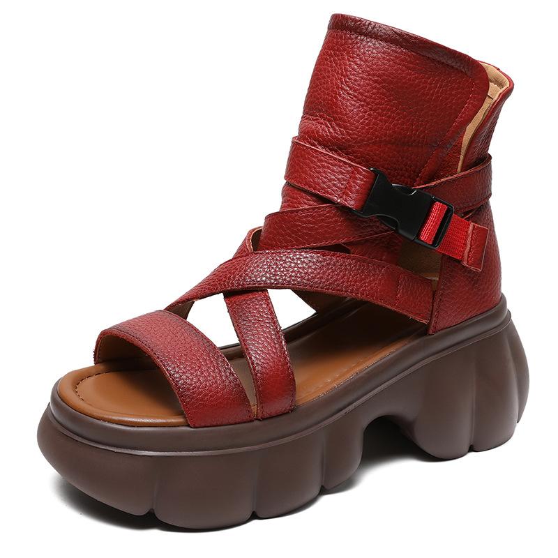 Johnature Roman Style Thick Sole Sandals Women's Shoes Genuine Leather Peep Toe Thick Heel Platform Sandals
