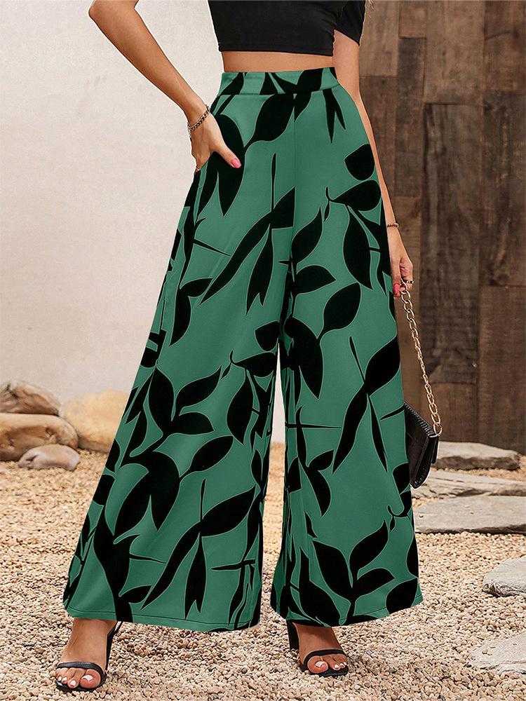 Women s 2026 Summer Chiffon Leaf Print High Waist Wide Leg Pants S
