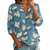 Women Cotton Linen Shirt Henley Button Neck Floral Print Three Quarter Sleeve Casual Blouse Lightweight Breathable Top