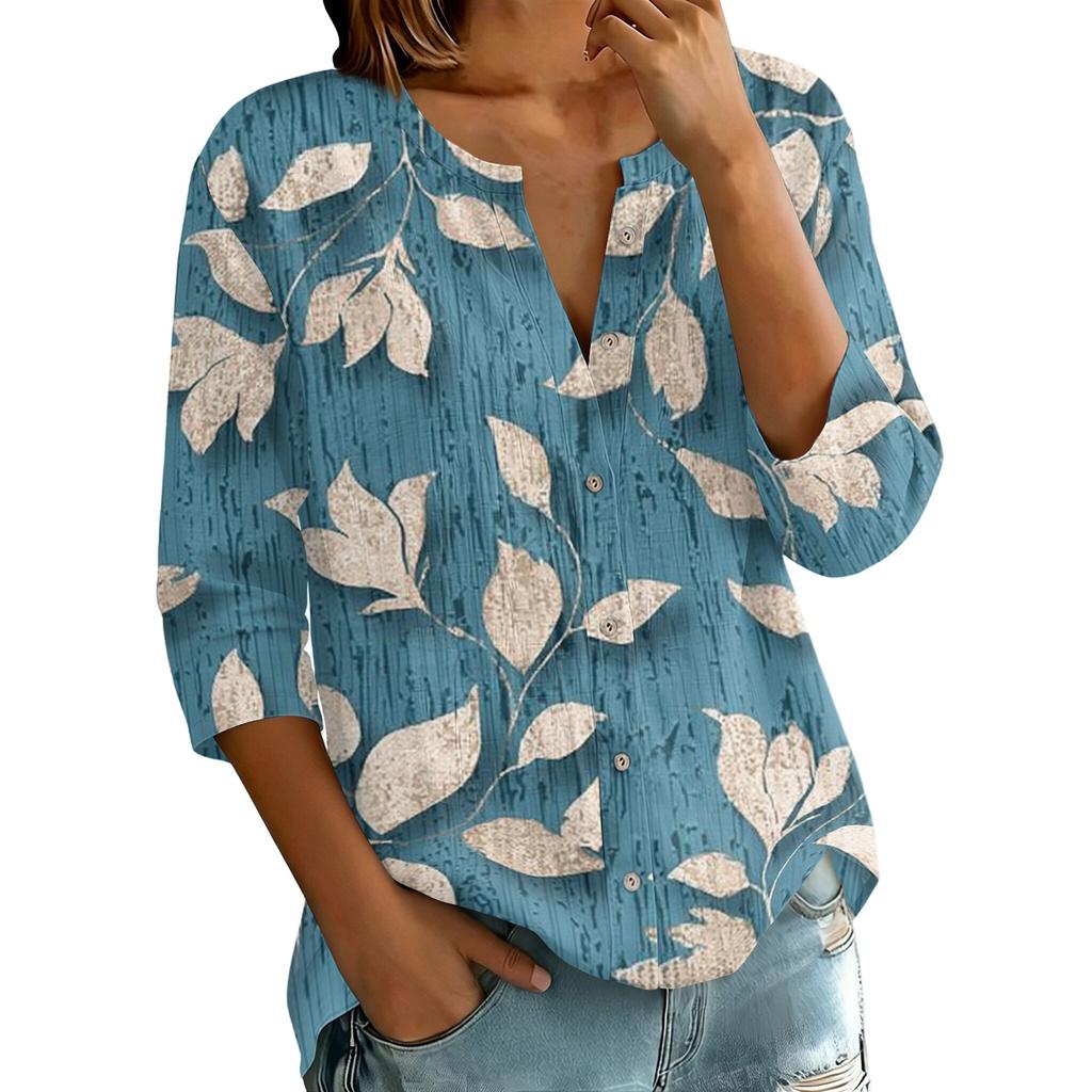 Women Cotton Linen Shirt Henley Button Neck Floral Print Three Quarter Sleeve Casual Blouse Lightweight Breathable Top