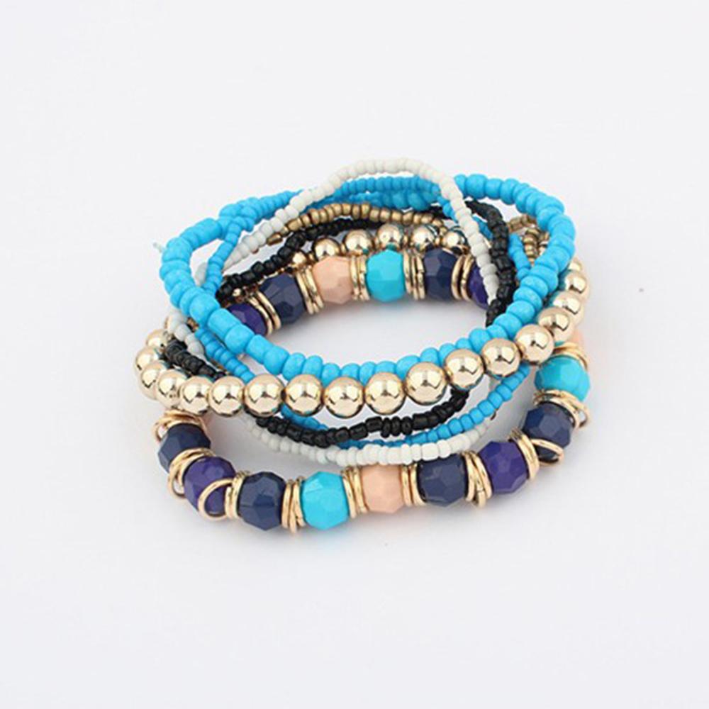 Fashion Multi-layer Charm Silver Bangle Beaded Bracelet Boho светло-синий
