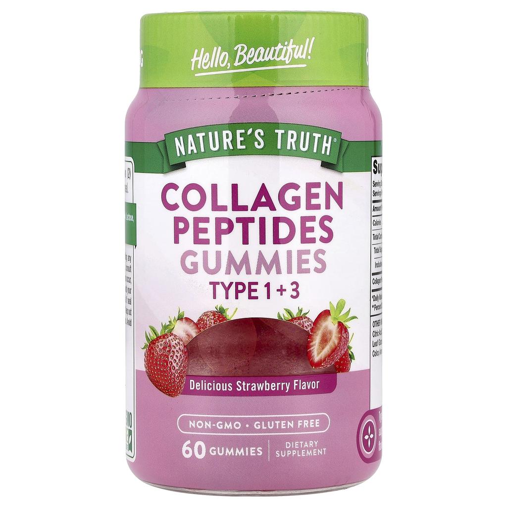 Nature's Truth Collagen Peptide Gummies, Type 1 + Type 3, Delicious Strawberry, 60 Gummies