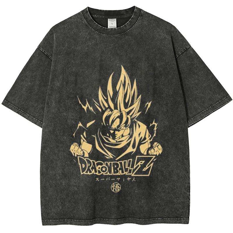 Vintage Washed Men's T Shirts Dragon Ball Goku Saiyan Anime Printed Summer Women's Oversized Short Sleeve Tees Y2k Clothes Tops