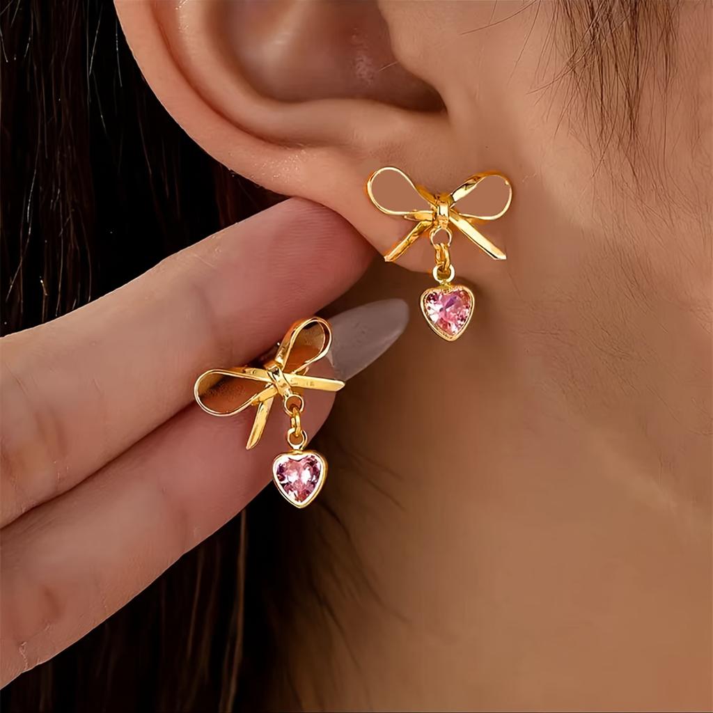 Gold Plated Bowknot Earrings with Heart-Shaped Pendant Dangle Lightweight Fashion Jewelry for Women and Girls