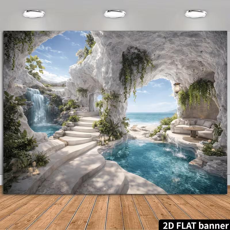 2D Beach Waterfall Cave Photography Background for Vacation Decor