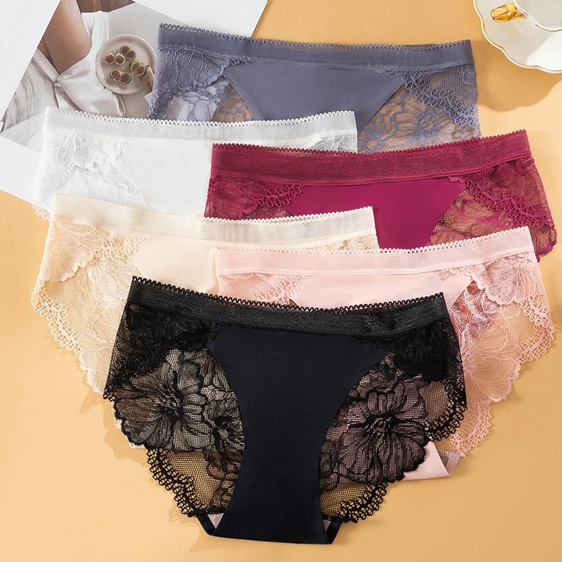 Silk Lace Seamless Mid-Waist Panties with Hollow Design