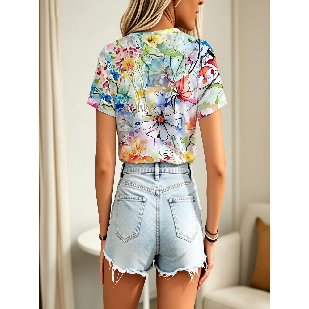 Summer soft light floral pattern round neck T-shirt