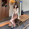French Temperament Fake Two-piece Long-sleeved Dress for Women's Autumn Sexy Pure Desire Slim-fitting Waist-wrapped Hip-split Long Dress