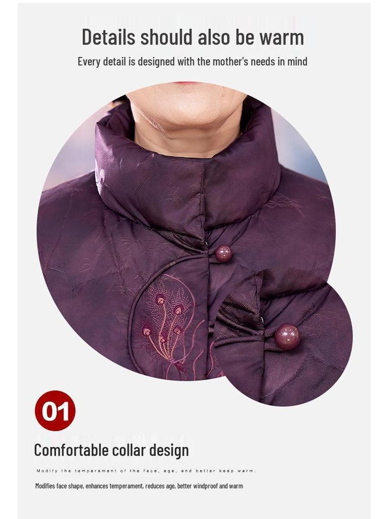 Vintage Rote Daunenjacke im chinesischen Stil für mittelalte und ältere Frauen, Warmer Wintermantel mit Entendaunen