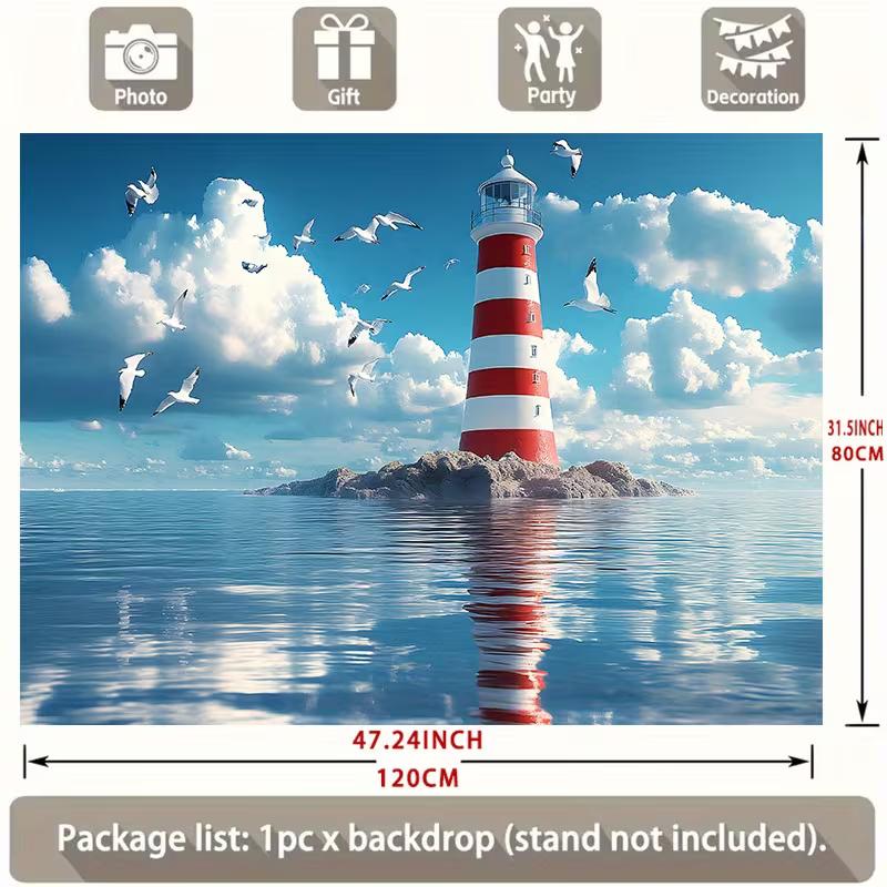 Seaside Lighthouse Backdrop, Nautical Theme with Red White Lighthouse, Blue Ocean and Seagulls for Party and Photography 47.2x31.5inch/120*80cm