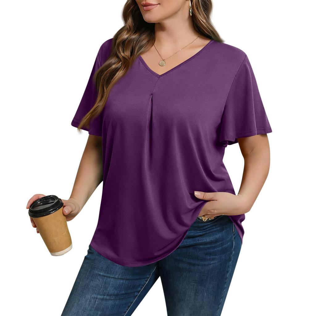 Women's Plus Size Fashionable Casual Loose-Fit Short Sleeve Elegant V Neck Blouse For Work