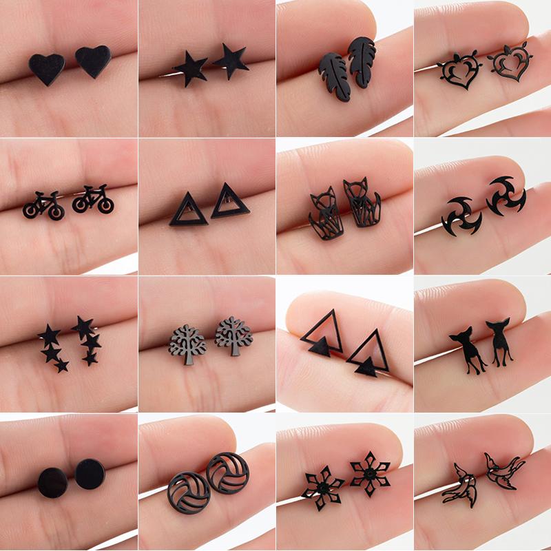 Mini Stainless Steel Geometric Earrings Black for Women Men Heart Triangle Leaf Volleyball Ear Studs Punk Piercing Pendientes