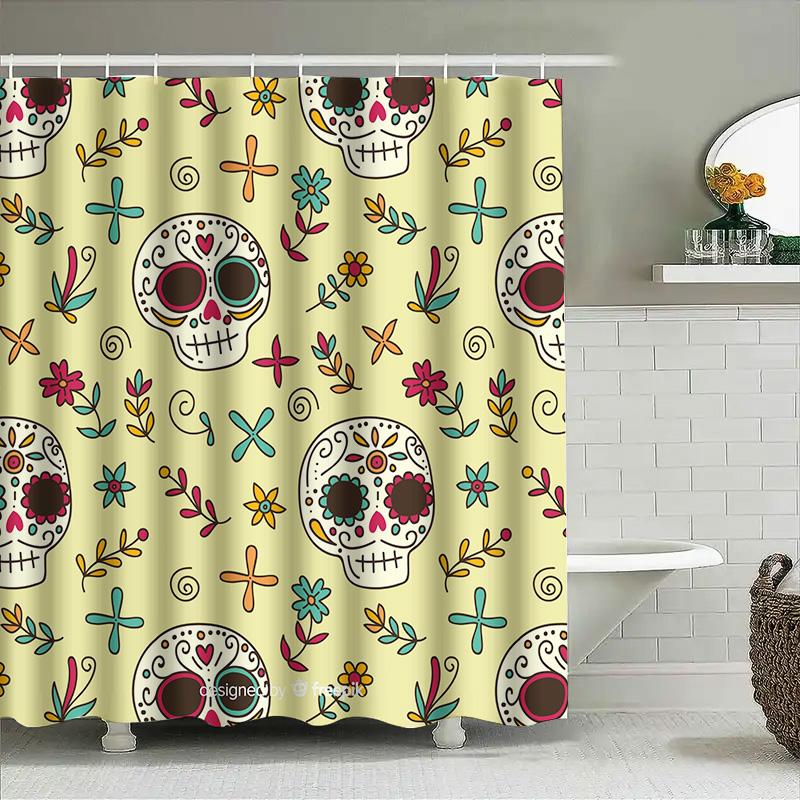 Skull Pattern Shower Curtain Decorative Fabric Waterproof Bath Rug Bag for Home Bathroom Accessories in Yellow/White Colors