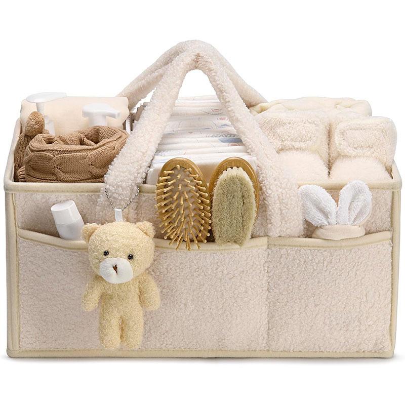 Baby Plush Storage Nursery Organizer Basket Infant Diaper Bag with Handle Caddy Changing Nappy Kids Storage Carrier Large Pocket