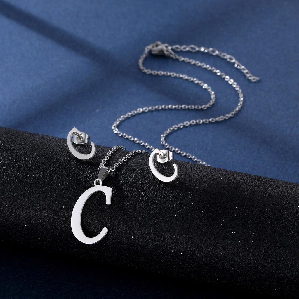 Stainless Steel Letter Pendant Necklace Unisex Jewelry Set Letter Earrings Party Accessory Present for Fashion Lover