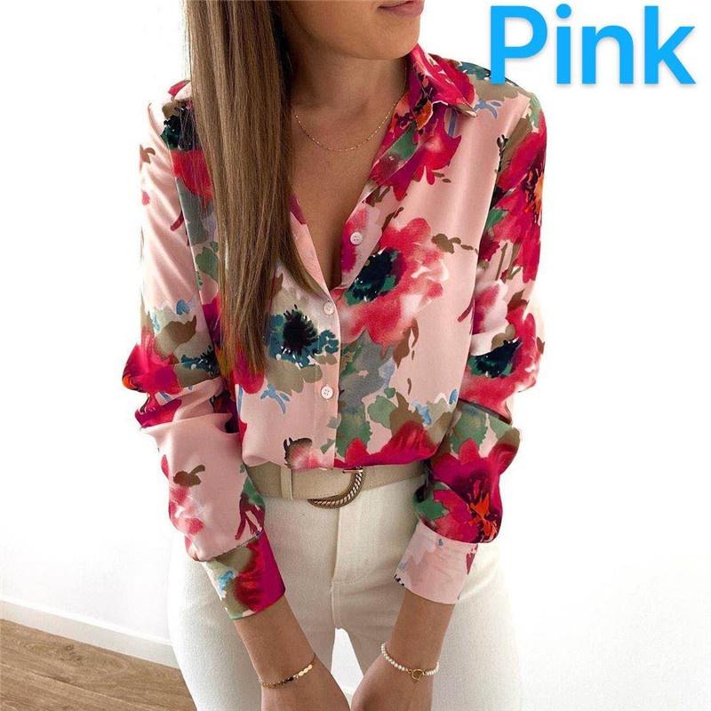 

Женская модная свободная рубашка с длинными рукавами и принтом с лацканами S розовый