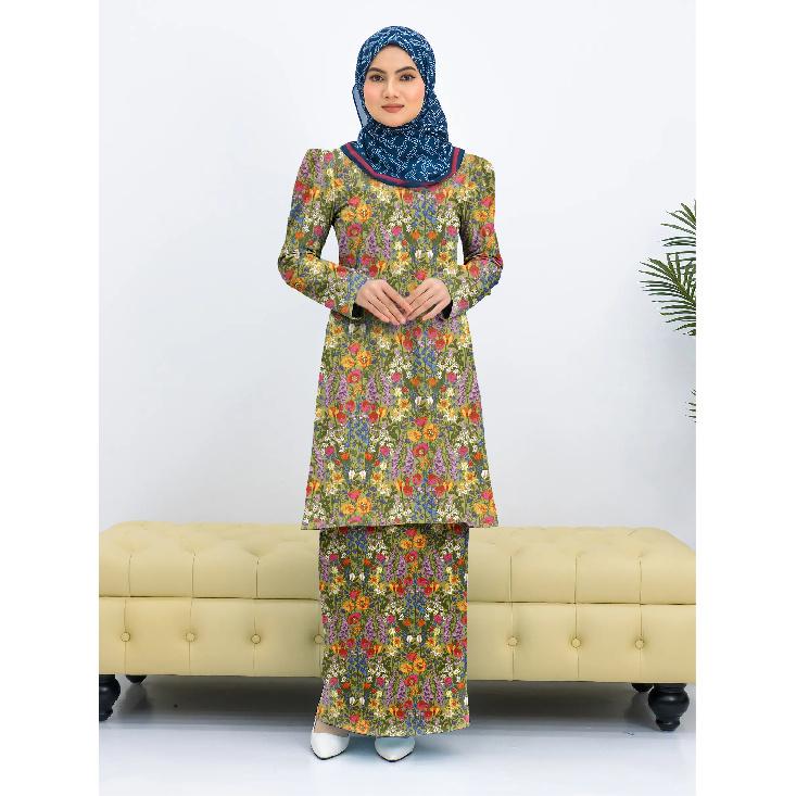 

2025 new design printed pattern high quality fabric Kulang Pahang ladies Muslim suit comfortable breathable elegant sweet series ladies two piece 4XL зелений